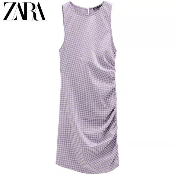 Zara Purple Gingham Ruched Bodycon Dress - Picture 1 of 4